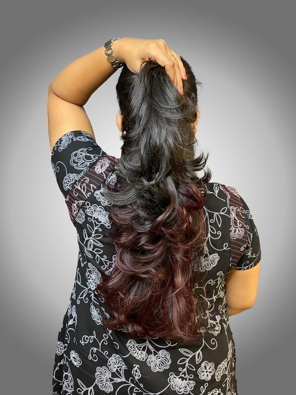 Dark Cherry Balayage Curls Back